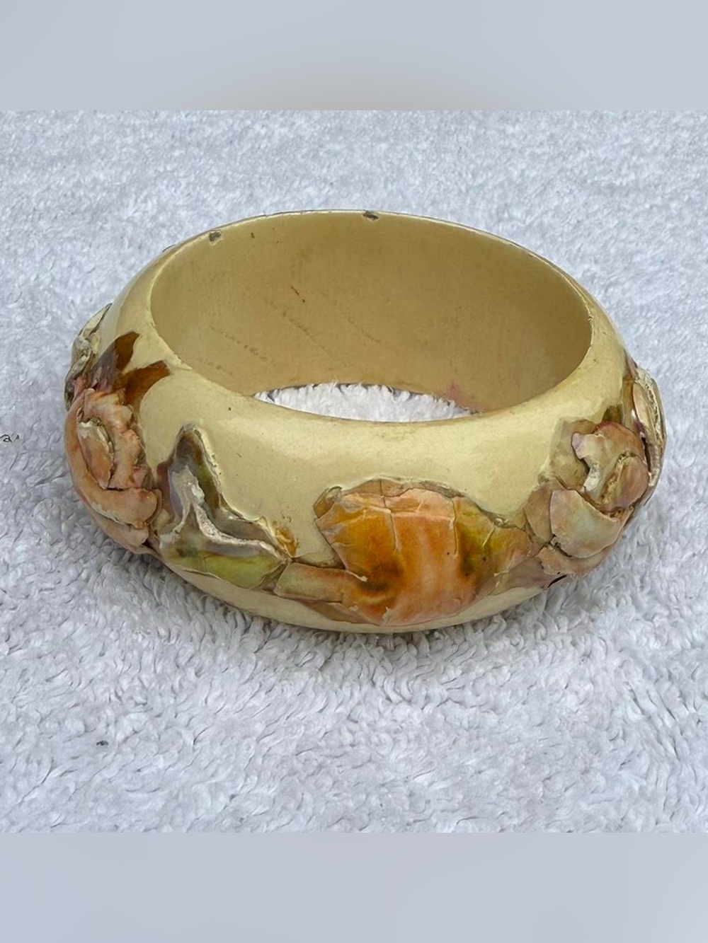 Hand-Painted Floral Ceramic Bangle Bracelet in Cream and Peach